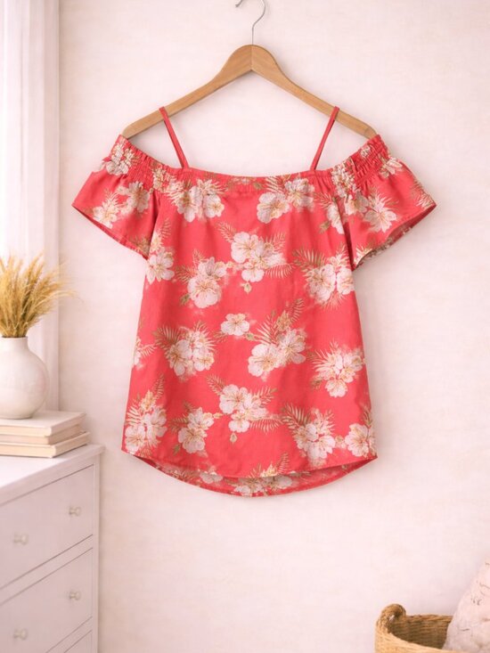 Tops - Paper Crane Coral Floral Off Shoulder Blouse Smocked Flutter Sleeve Size Small